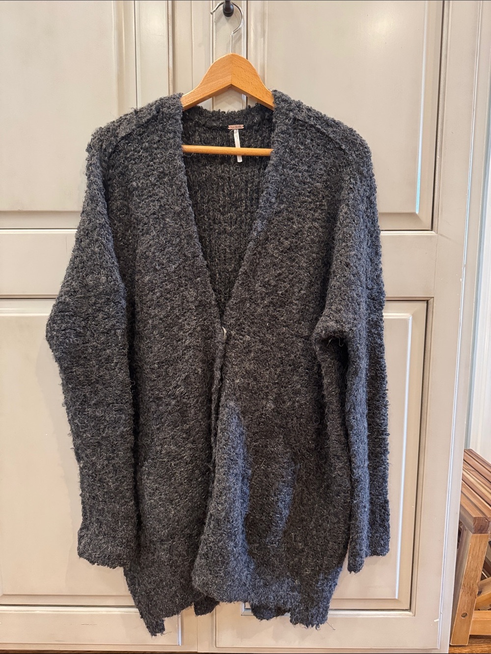 Free People Dark Charcoal Gray Open-Front Bouclé Cardigan